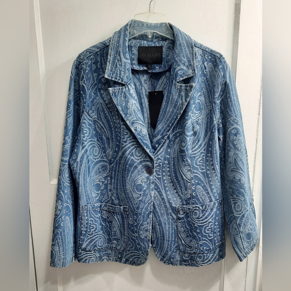 Solitaire Blazer Jacket Womens Size X-Large Blue Denim Paisley Boho Denim NWT